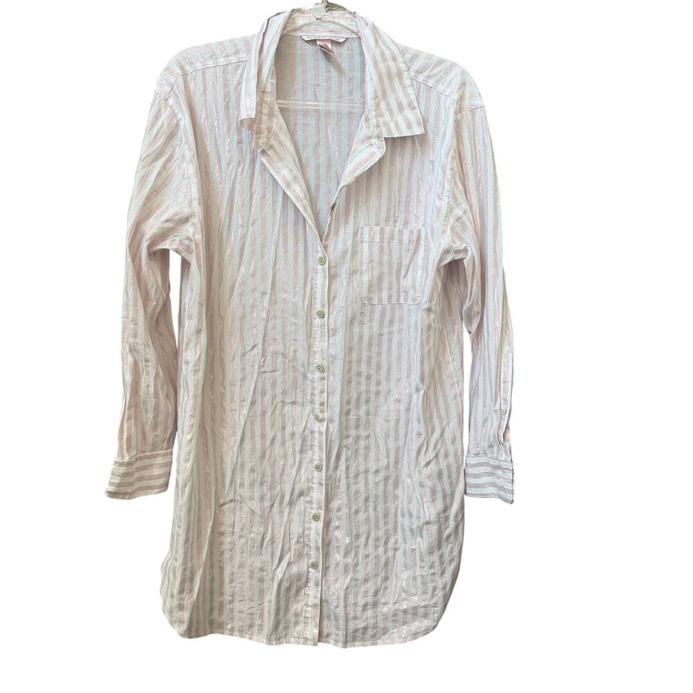 Victoria's Secret Pink White Stripe Cotton Sleep Shirt Button Down Metallic Lrg